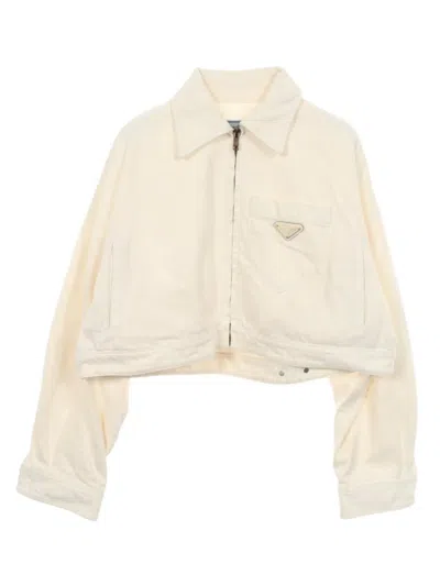 Pre-owned Prada 2000s Logo-plate Cropped Denim Jacket In Neutrals