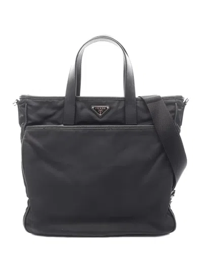Pre-owned Prada 2000s Nylon Saffiano Leather Handbag In Black