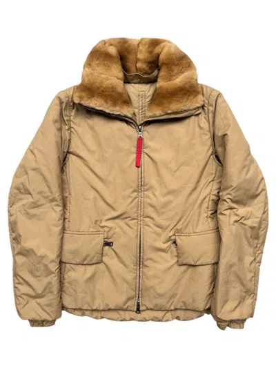Pre-owned Prada 2000s Packable Weasel Fur Collar Puffer Jacket In Sand