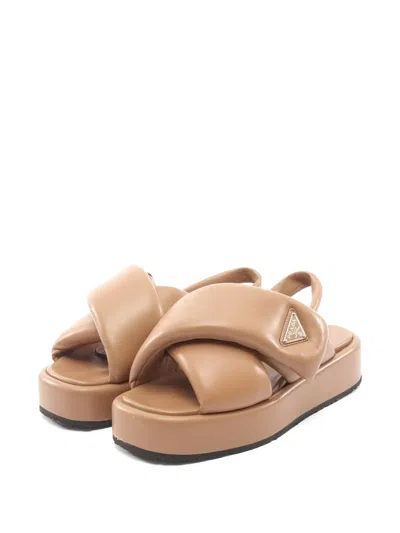 Pre-owned Prada 2000s Padded Logo-plate Sandals In Brown