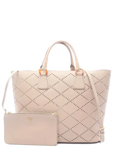 Pre-owned Prada 2000s Perforated Leather Tote Bag In Neutral