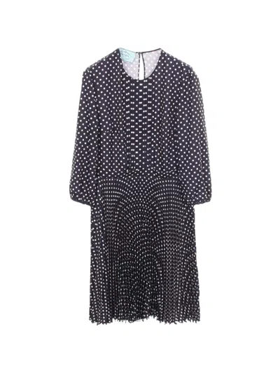 Pre-owned Prada 2000s Pleated Polka-dot Midi Dress In Blue