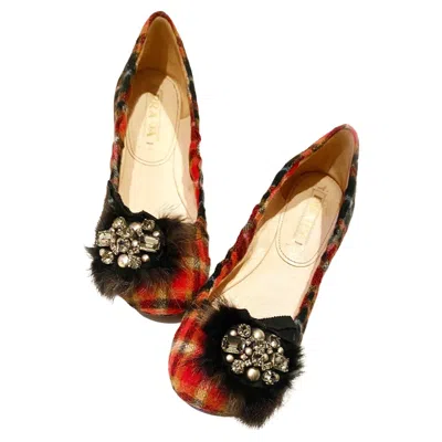 Pre-owned Prada 2000s  Tartan Wool Jeweled Feather Ballerina Flats Size 37 Italian In Sand