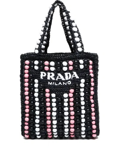 Pre-owned Prada 2000s Raffia Tote Bag In Black