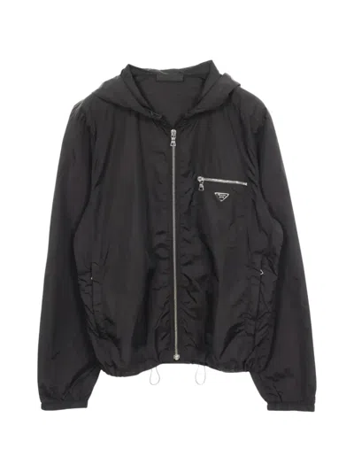 Pre-owned Prada 2000s Re-nylon Triangle Logo Hooded Jacket In Black