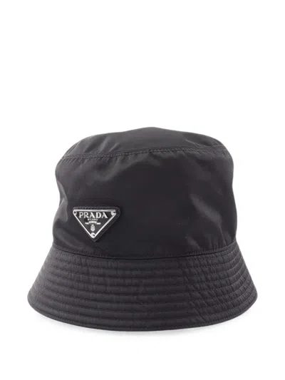Pre-owned Prada 2000s Re-nylon Triangle-logo Bucket Hat In Black
