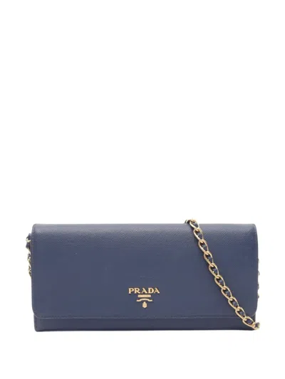 Pre-owned Prada 2000s Saffiano Leather Chain Wallet In Blue