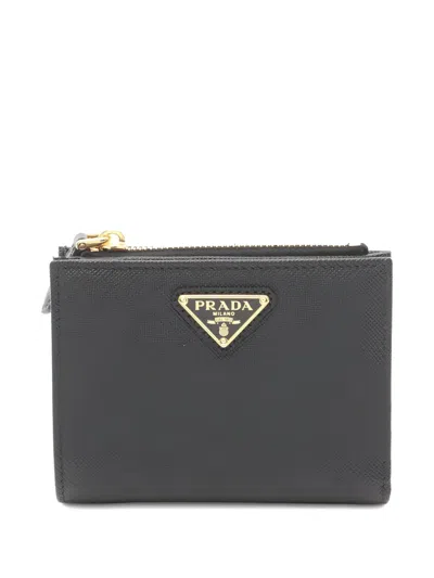 Pre-owned Prada 2000s Saffiano Triangl Bi-fold Wallet In Black