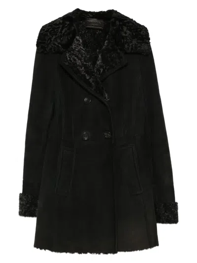 Pre-owned Prada 2000s Sheepskin Double-breasted Coat In Black