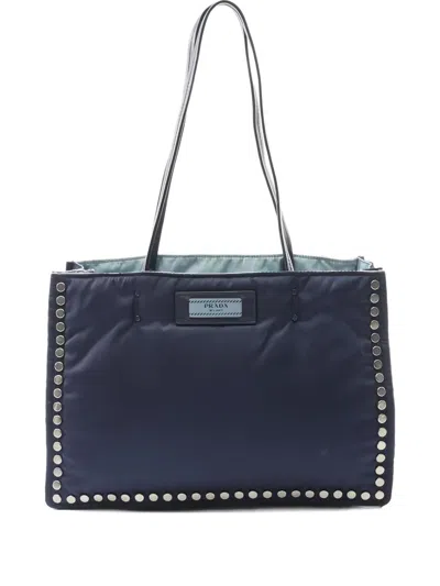 Pre-owned Prada 2000s Tessuto Etiquette Studded Tote Bag In Blue
