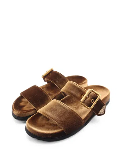 Pre-owned Prada 2000s Triangle Logo Buckled Sandals In Brown