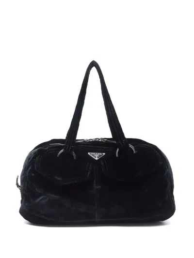 Pre-owned Prada 2000s Triangle-logo Velvet Shoulder Bag In Black