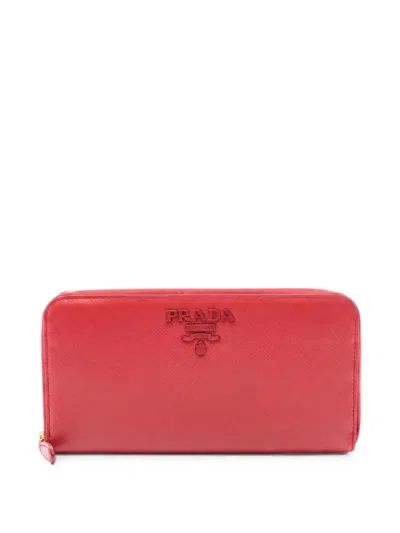 Pre-owned Prada 2000s Zip Leather Wallet In Red