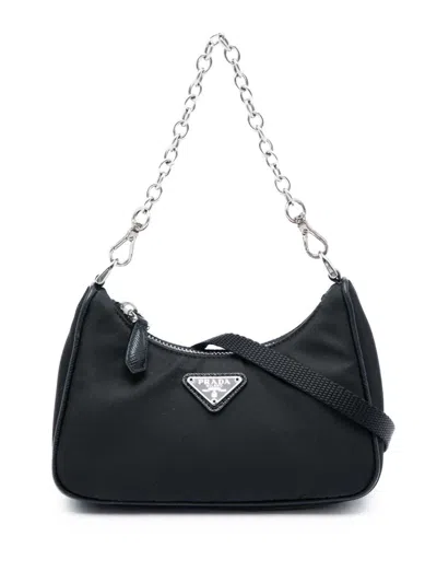 Pre-owned Prada 2005 Mini Saffiano Trimmed Tessuto Re Edition 2005 Satchel In Black
