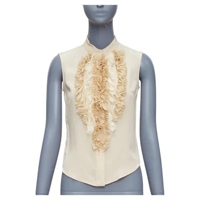 Pre-owned Prada 2006 Vintage 100% Silk Ruffle Front High Collar Sleeveless Shirt It38 Xs In Gray