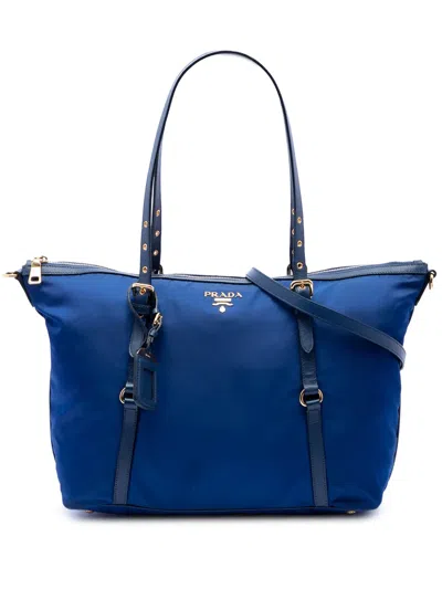 Pre-owned Prada 2007-2026 Saffiano Trimmed Tessuto Zip Top Convertible Tote Satchel In Blue