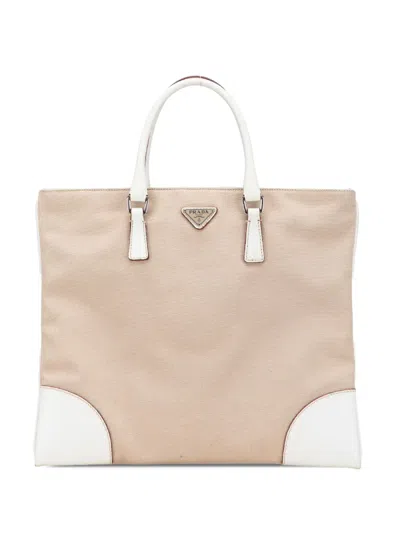 Pre-owned Prada 2010-2020 Cinghiale Trimmed Canvas Canapa Tote Bag In Brown