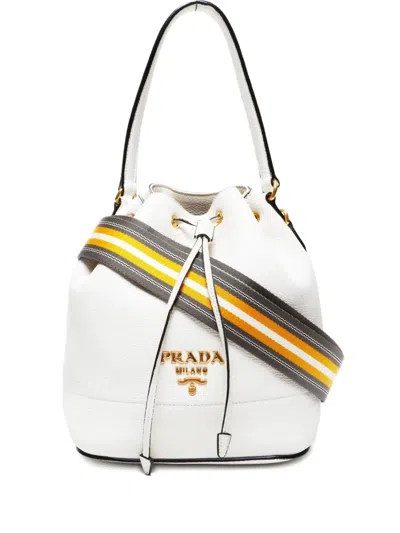 Pre-owned Prada 2010-2020 Drawstring-fastebing Leather Bucket Bag In White