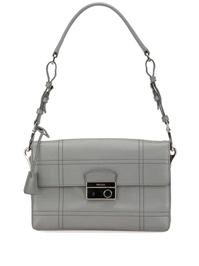 Pre-owned Prada 2010-2024 Saffiano Soft Stitched Sound Lock Shoulder Bag In Grey