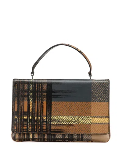 Pre-owned Prada 2010-2024 Saffiano Tartan Print Top Handle Bag Handbag In Brown