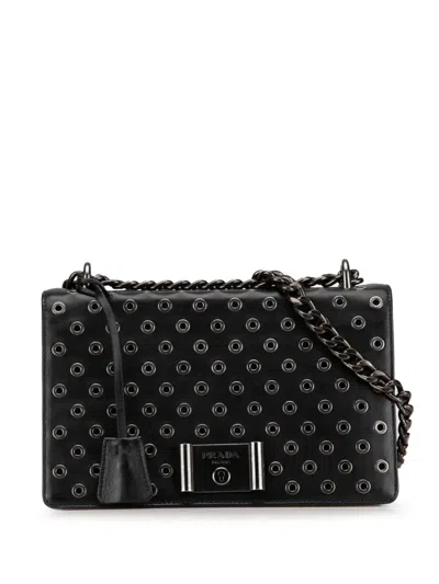 Pre-owned Prada 2010-2024 Soft Calf Grommet Lock Flap Chain Shoulder Bag In Black