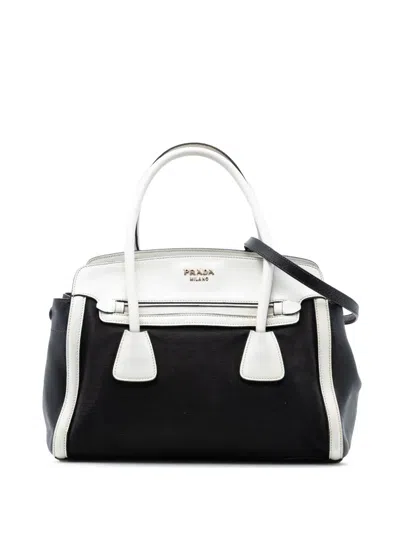 Pre-owned Prada 2010-2025 Bicolor Saffiano Cuir Trimmed Canvas Satchel In Black
