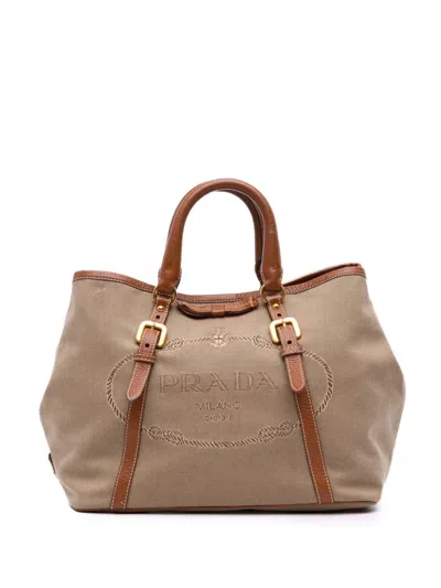 Pre-owned Prada 2010-2025 Canvas Canapa Logo Bow Satchel In Brown