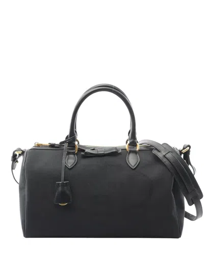 Pre-owned Prada 2010-2025 Canvas Logo Jacquard Boston Bag Satchel In Black