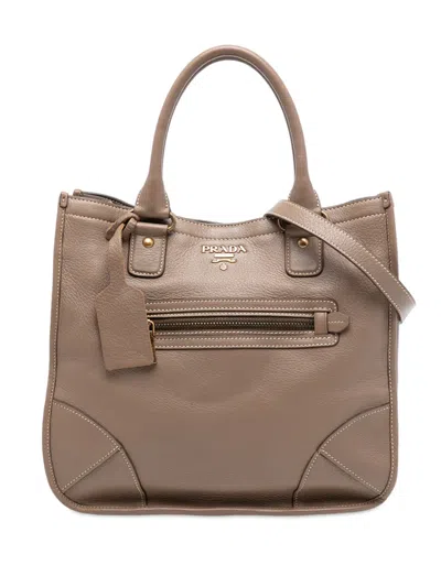 Pre-owned Prada 2010-2025 Cervo Open Convertible Tote Satchel In Brown