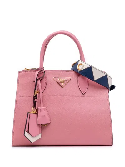 Pre-owned Prada 2010-2025 City Calf Trimmed Saffiano Greche Paradigme Bag Satchel In Pink