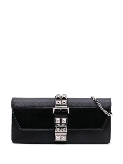 Pre-owned Prada 2010-2025 City Calfskin And Saffiano Studded Elektra Clutch With Chain Crossbody Bag In Black