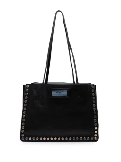 Pre-owned Prada 2010-2025 Glace Calf Studded Etiquette Tote Bag In Black