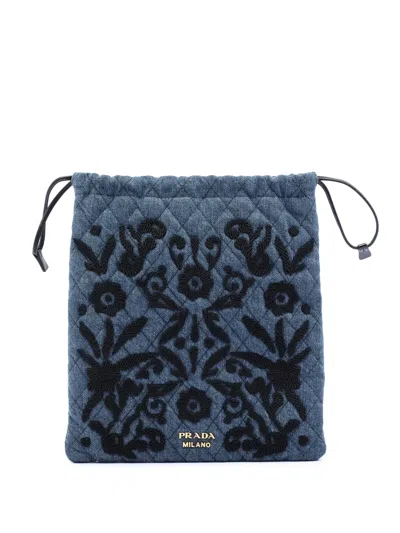 Pre-owned Prada 2010-2025 Impuntu Denim Embroidered Drawstring Pouch In Blue