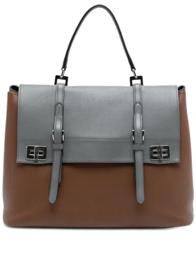 Pre-owned Prada 2010-2025 Large Bicolor City Calf Double Flap Satchel In Brown
