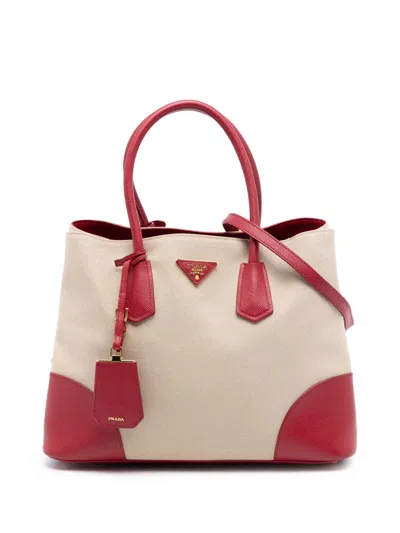 Pre-owned Prada 2010-2025 Large Canapa And Saffiano Double Satchel In Brown