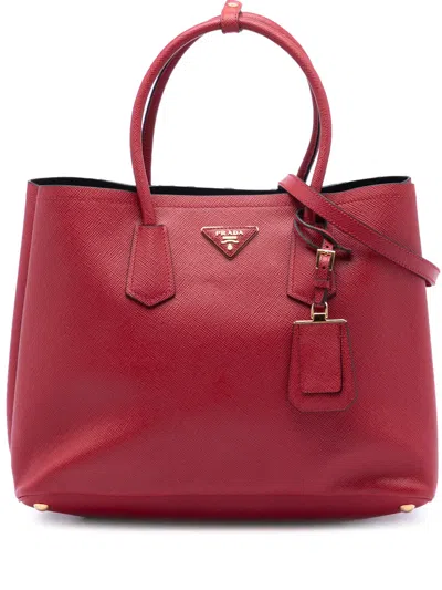 Pre-owned Prada 2010-2025 Large Saffiano Cuir Double Satchel In Red