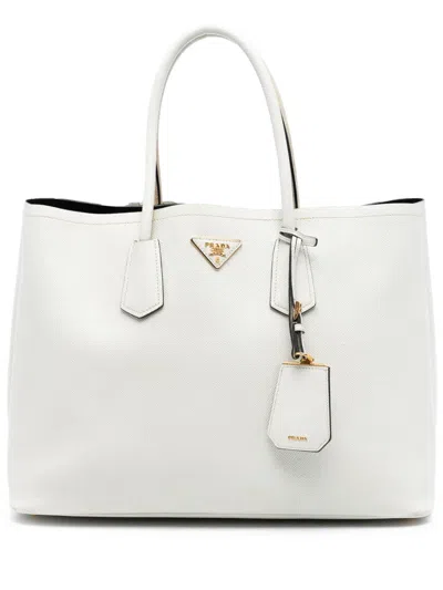 Pre-owned Prada 2010-2025 Large Saffiano Cuir Double Satchel In White