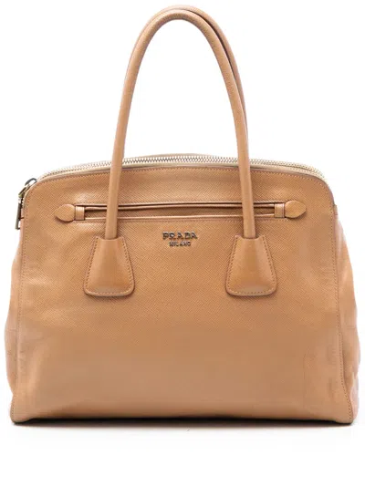 Pre-owned Prada 2010-2025 Large Saffiano Cuir Double Zip Top Handle Bag Satchel In Brown