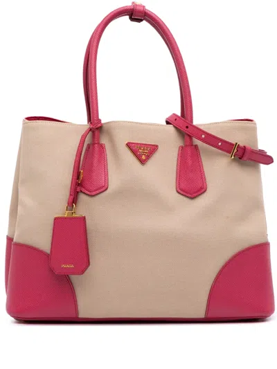 Pre-owned Prada 2010-2025 Large Saffiano Trimmed Canapa Double Satchel In Brown