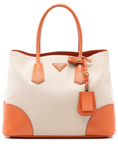 Pre-owned Prada 2010-2025 Large Saffiano Trimmed Canapa Double Satchel In Brown