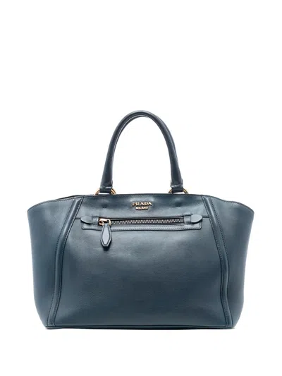 Pre-owned Prada 2010-2025 Large Visone City Calf Double Handle Shopping Tote Bag In Blue
