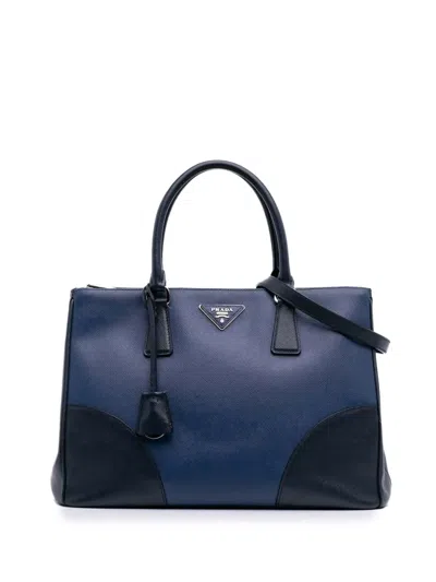 Pre-owned Prada 2010-2025 Medium Bicolor Saffiano Lux Galleria Double Zip Satchel In Blue