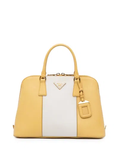 Pre-owned Prada 2010-2025 Medium Bicolor Saffiano Lux Promenade Satchel In Yellow