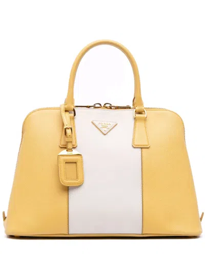 Pre-owned Prada 2010-2025 Medium Bicolor Saffiano Lux Promenade Satchel In Yellow