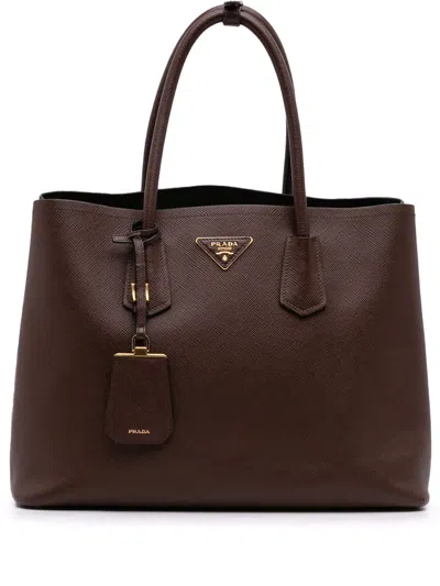 Pre-owned Prada 2010-2025 Medium Saffiano Cuir Double Satchel In Brown