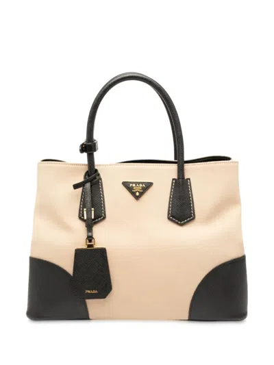 Pre-owned Prada 2010-2025 Medium Saffiano Trimmed Canapa Double Satchel In Brown