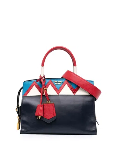 Pre-owned Prada 2010-2025 Medium Saffiano Trimmed City Calf Greca Esplanade Satchel In Blue