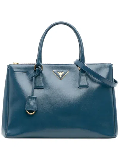 Pre-owned Prada 2010-2025 Medium Saffiano Vernice Galleria Double Zip Satchel In Blue