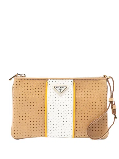 Pre-owned Prada 2010-2025 Perforated Saffiano Wristlet Clutch Bag In Brown