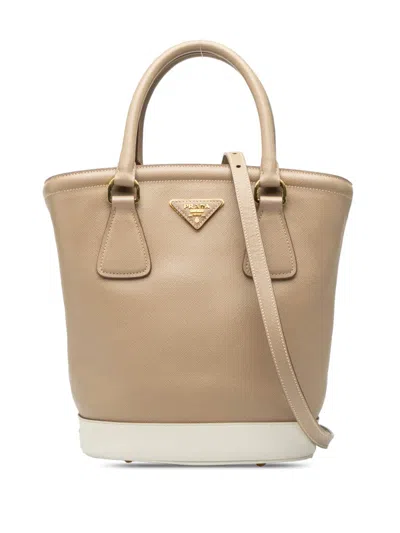 Pre-owned Prada 2010-2025 Saffiano Bucket Bag Satchel In Brown